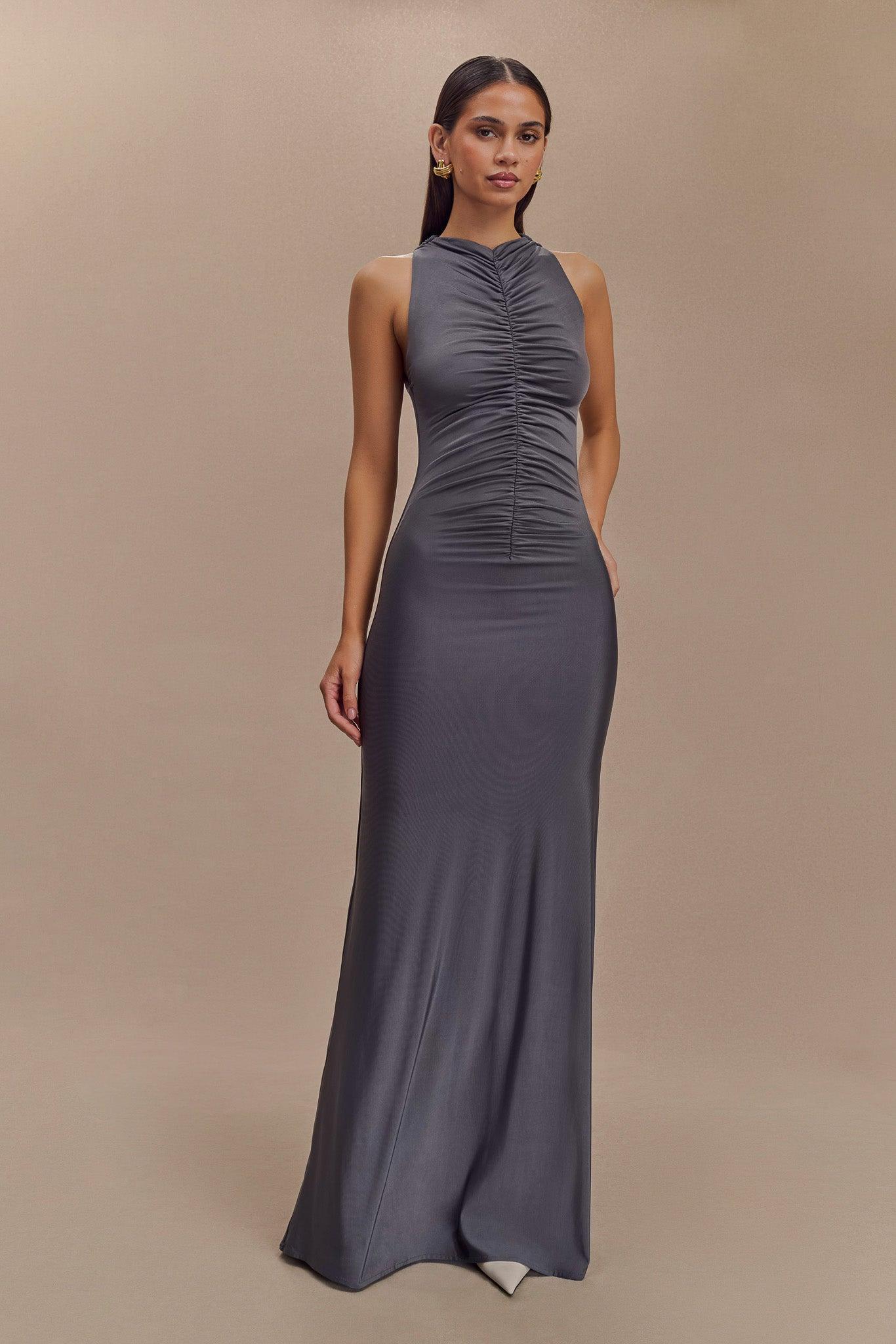 Priya Slinky Ruched Halter Maxi Dress - Dark Charcoal Product Image