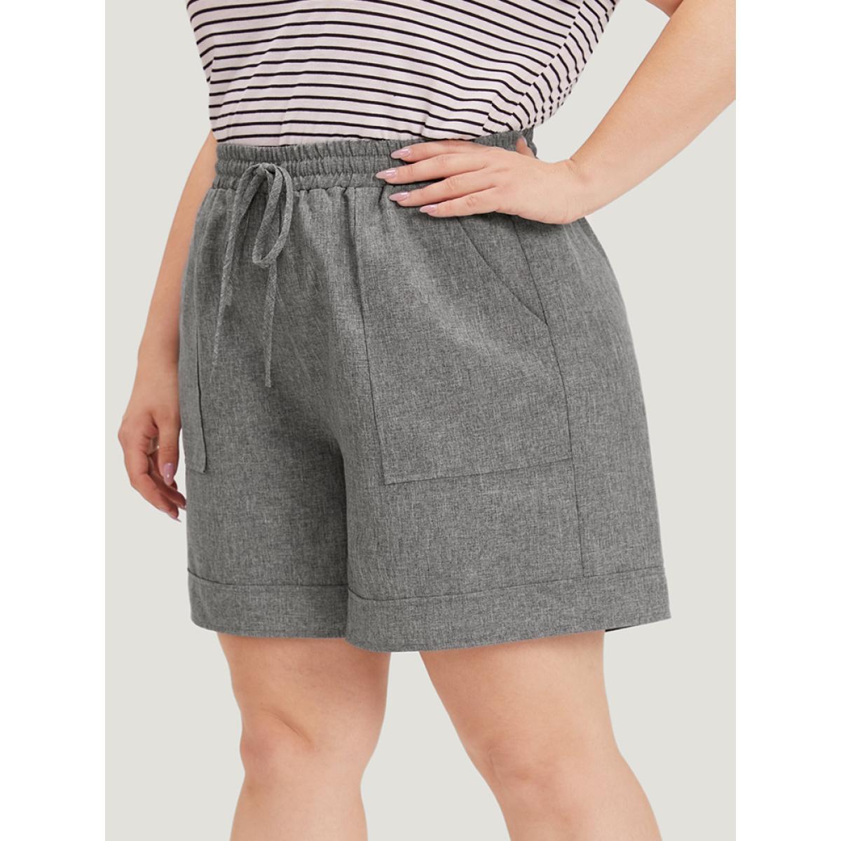 Plus Size Plain Slant Pocker Drawstring Elastic Waist Shorts Women DimGray Casual Plain Dailywear Shorts BloomChic 30/6X Product Image
