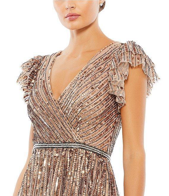 Mac Duggal Sequin Wrap Over Surplice V-Neck Ruffle Cap Sleeve Gown Product Image