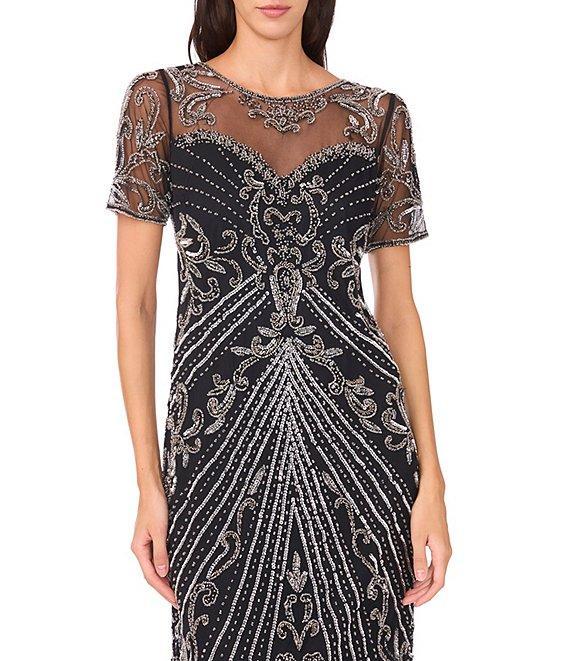 Pisarro Nights Mesh Short Sleeve Beaded Sheath Gown Product Image