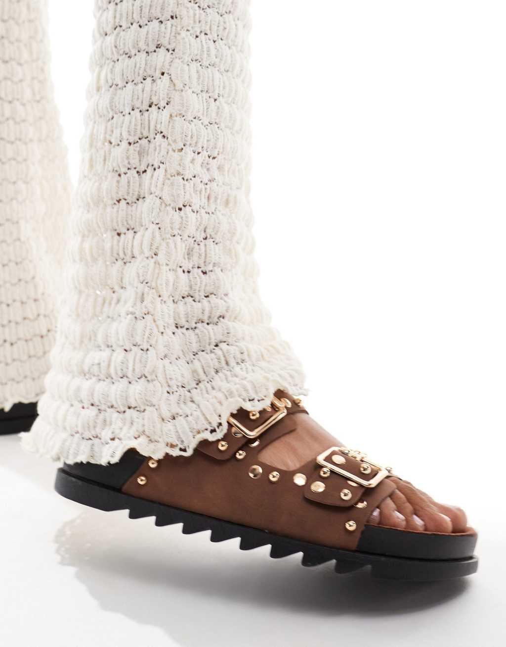 ASOS DESIGN Fantasy studded flat sandals in brown Product Image