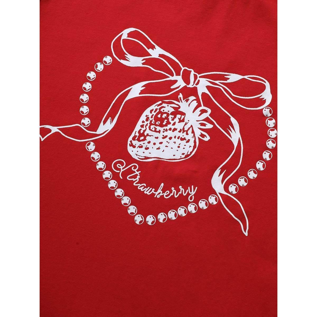 Plus Size Crew Neck Strawberry Print T-shirt Brightred Women Casual Contrast Fruit Round Neck Everyday T-shirts BloomChic 30/6X Product Image
