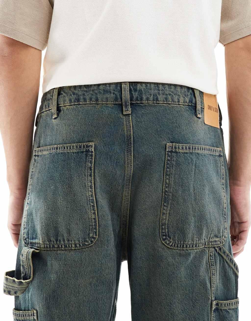 ONLY & SONS Edge loose fit carpenter jeans in vintage mid blue wash Product Image