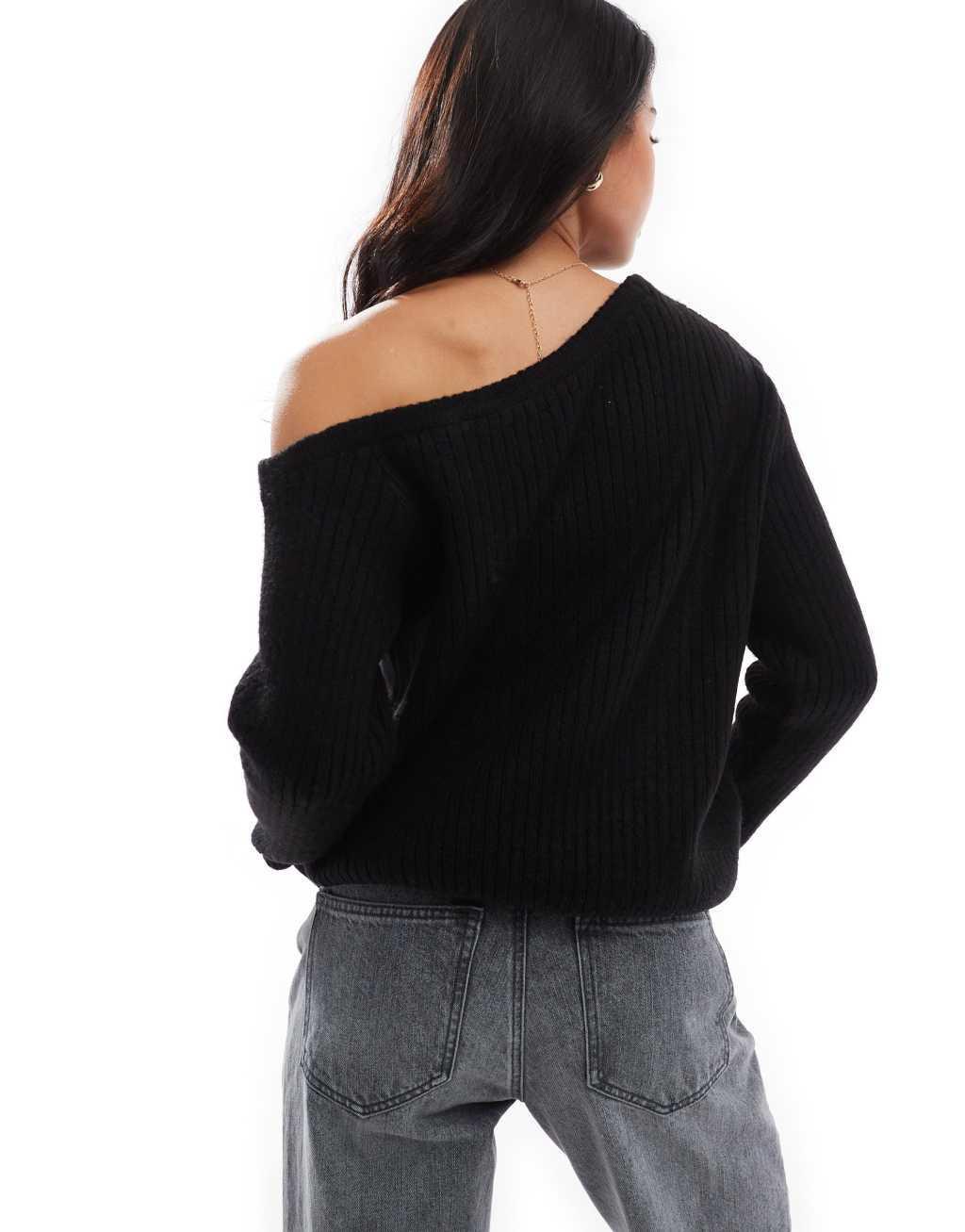 ASOS DESIGN slouchy one-shoulder sweater in black Product Image