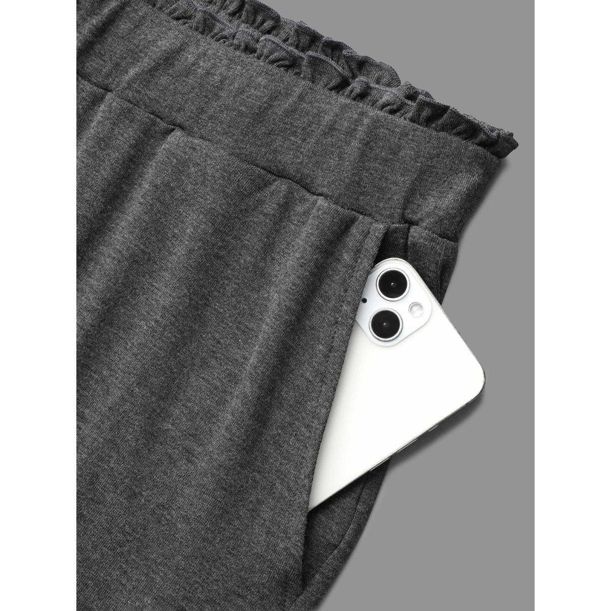 Plus Size Button-Front Ruffled Waist Stretchy Pants Women DimGray Casual Wide Leg Mid Rise Everyday Pants BloomChic 26/4X Product Image