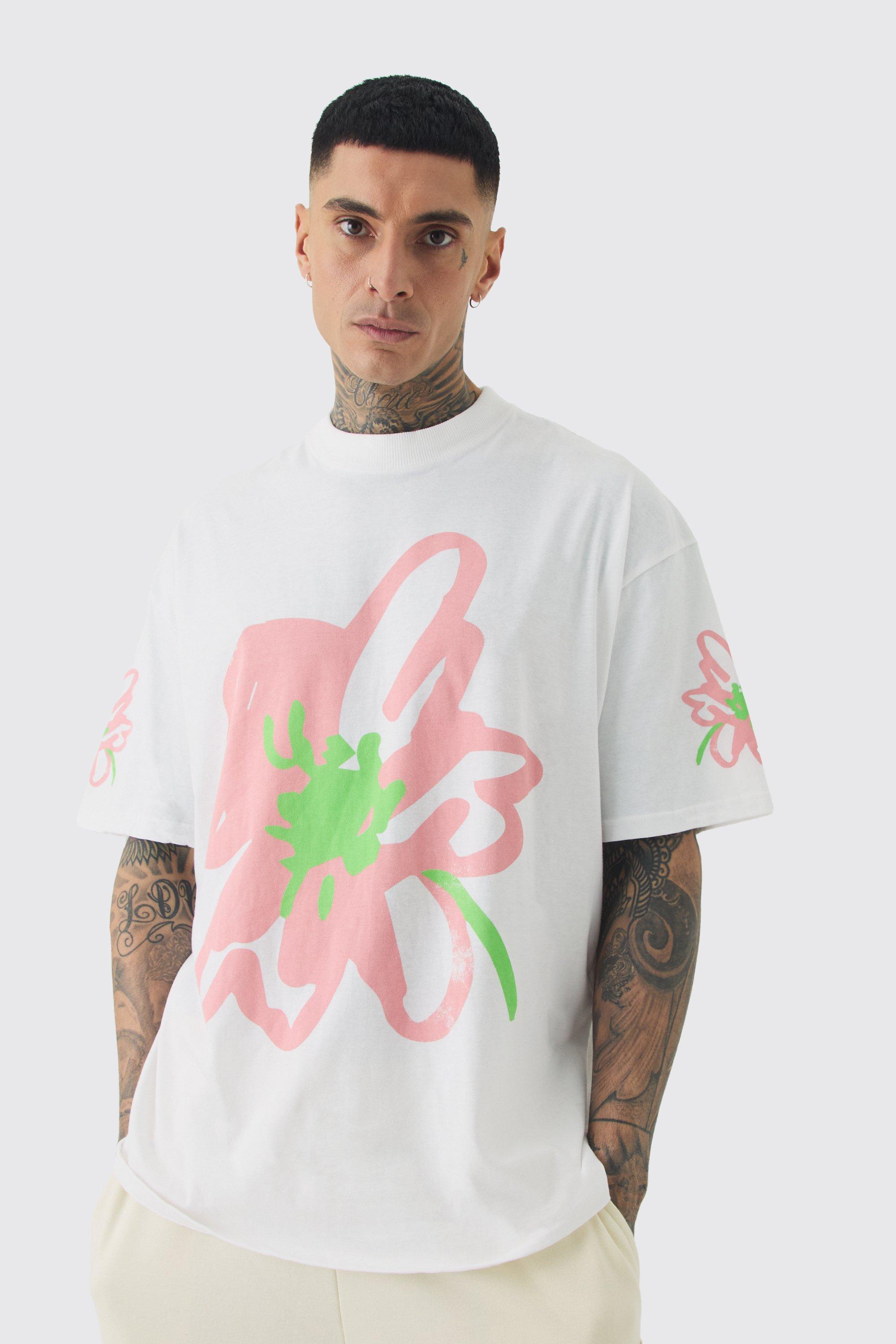 Mens White Tall Oversized Floral Doodle Print T-shirt, White Product Image