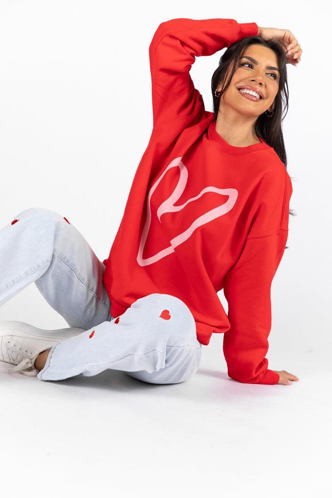 Heart Sketch Red Oversized Graphic Sweatshirt Product Image