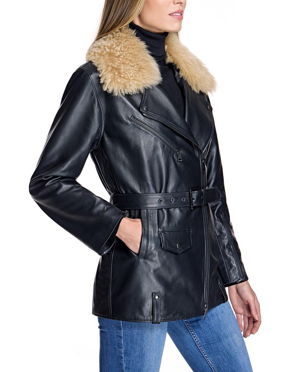 Leather Belted Moto Jacket with Detachable Lamb Collar-Maximilian Product Image