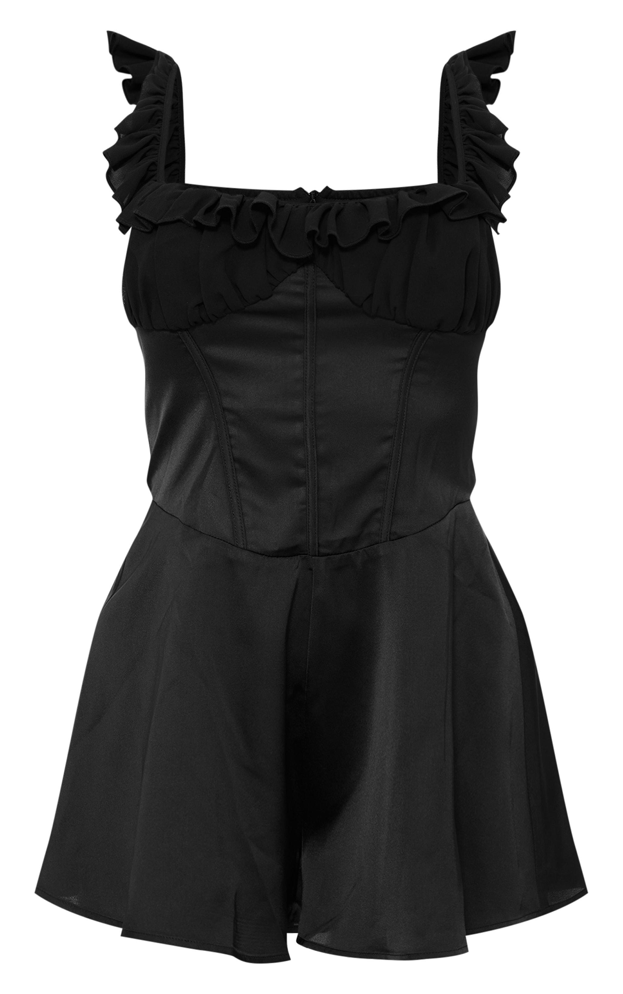 Black Ruffle Sleeve Satin Floaty Romper Product Image