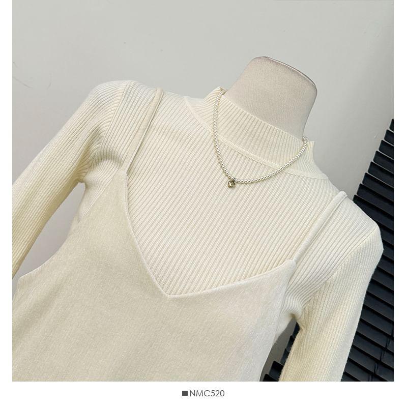 Set: Sleeveless Loose A-Line Dress + Mock-Neck Knit T-Shirt Product Image