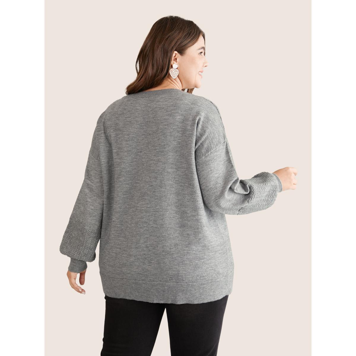 Plus Size Supersoft Essentials Plain Hollow Out Puff Sleeve Pullover Gray Women Casual Loose Long Sleeve Round Neck Dailywear Pullovers BloomChic 12/L Product Image
