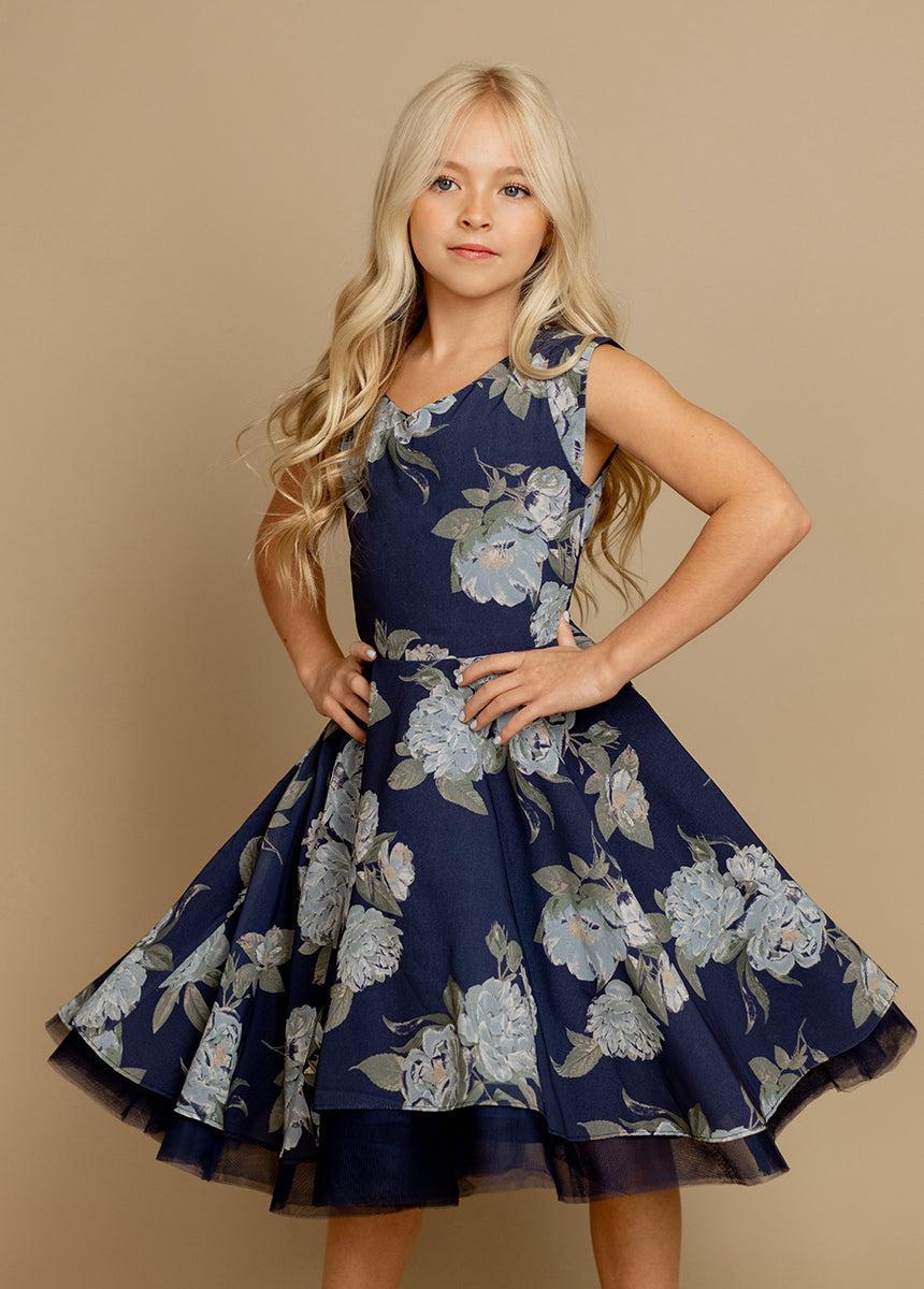 Lezah Petticoat Dress in Large Navy Floral Girls Product Image