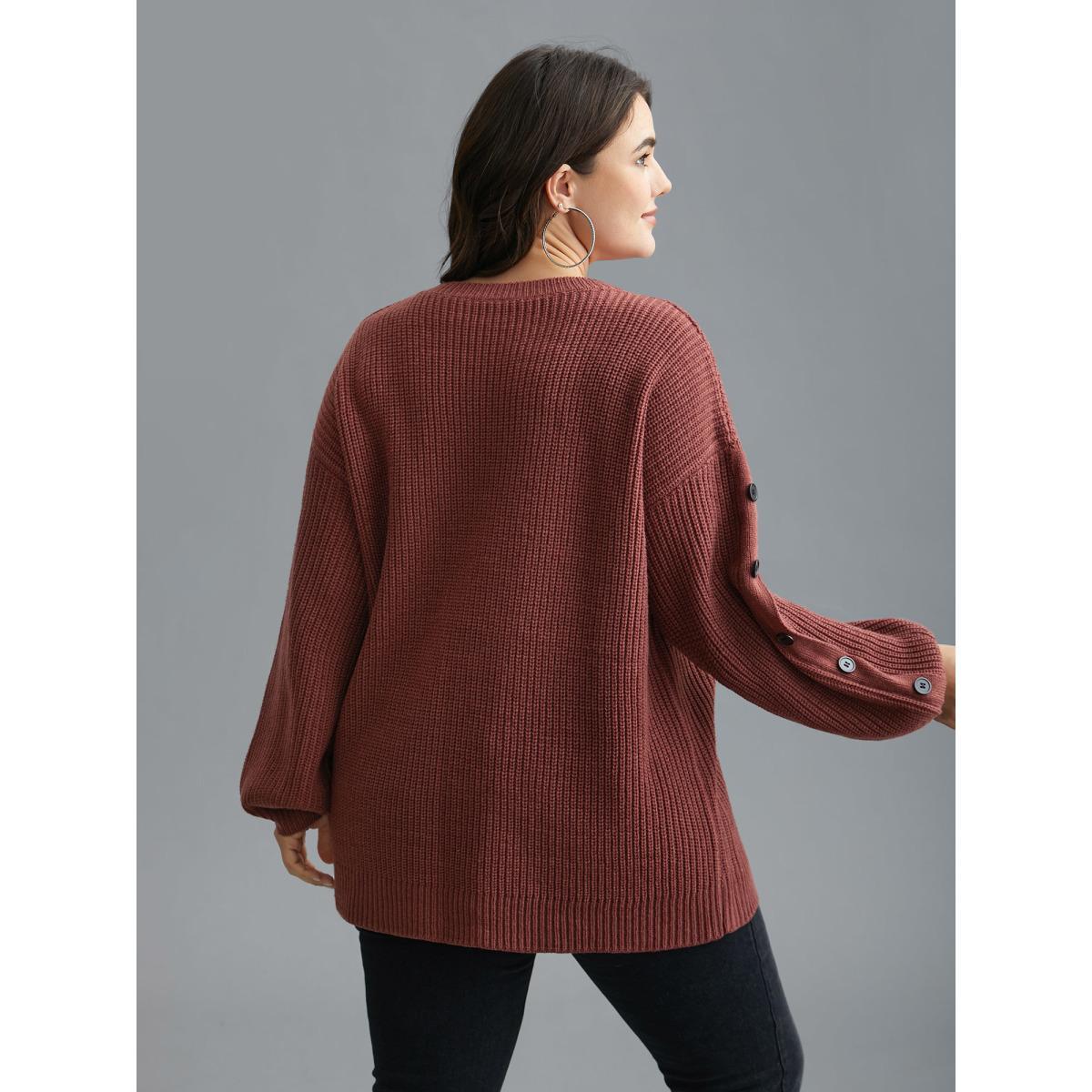 Plus Size Textured Drop Shoulder Button Detailing Pullover Russet Women Casual Loose Long Sleeve Round Neck Everyday Pullovers BloomChic 10/M Product Image