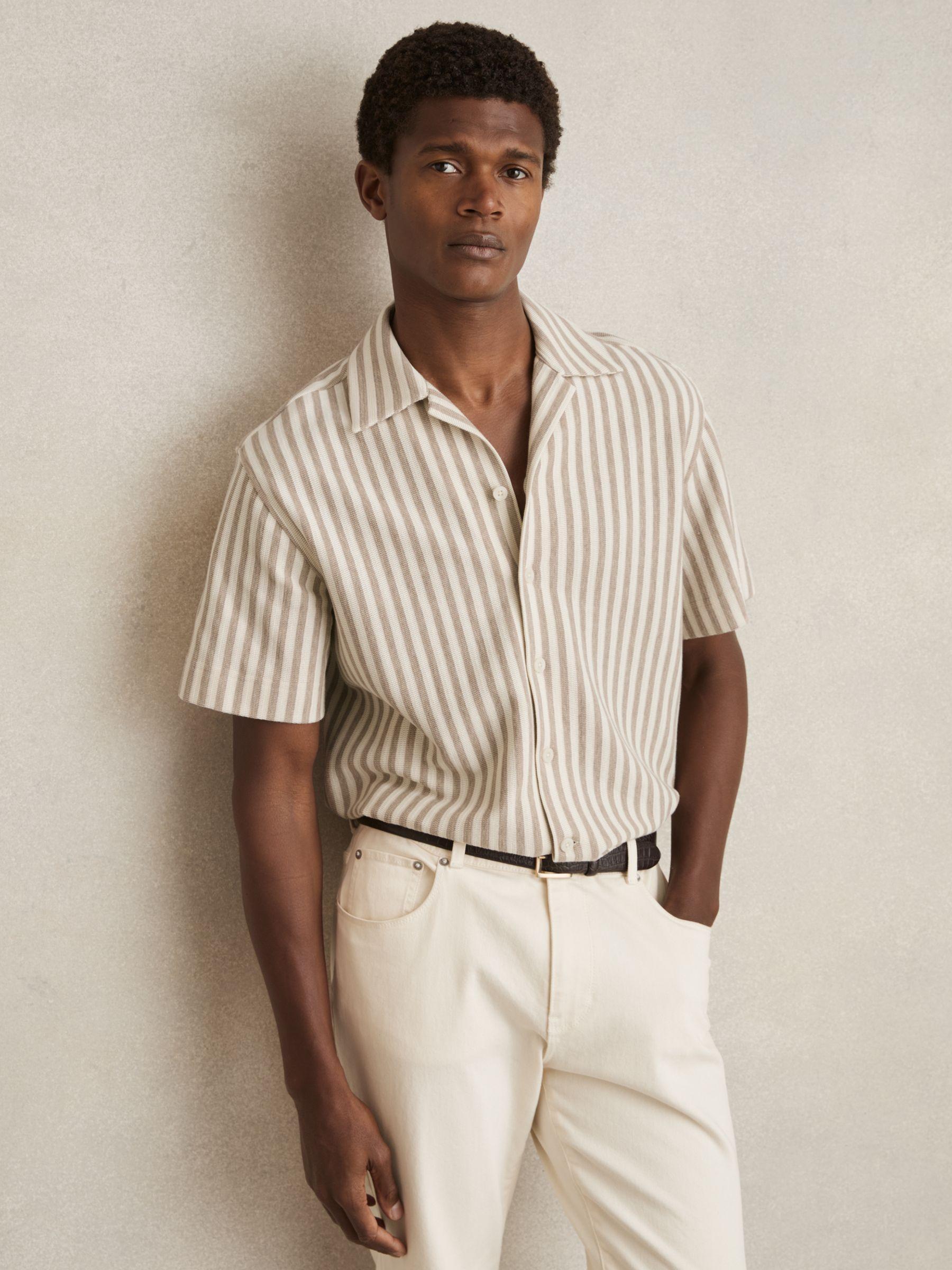 Textured Stripe Cuban-Collar Shirt in Stone/White Product Image