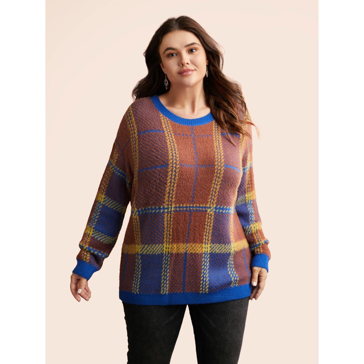 Plus Size Plaid Texture Crew Neck Pullover Navy Women Casual Long Sleeve Round Neck Everyday Pullovers BloomChic 10/M Product Image