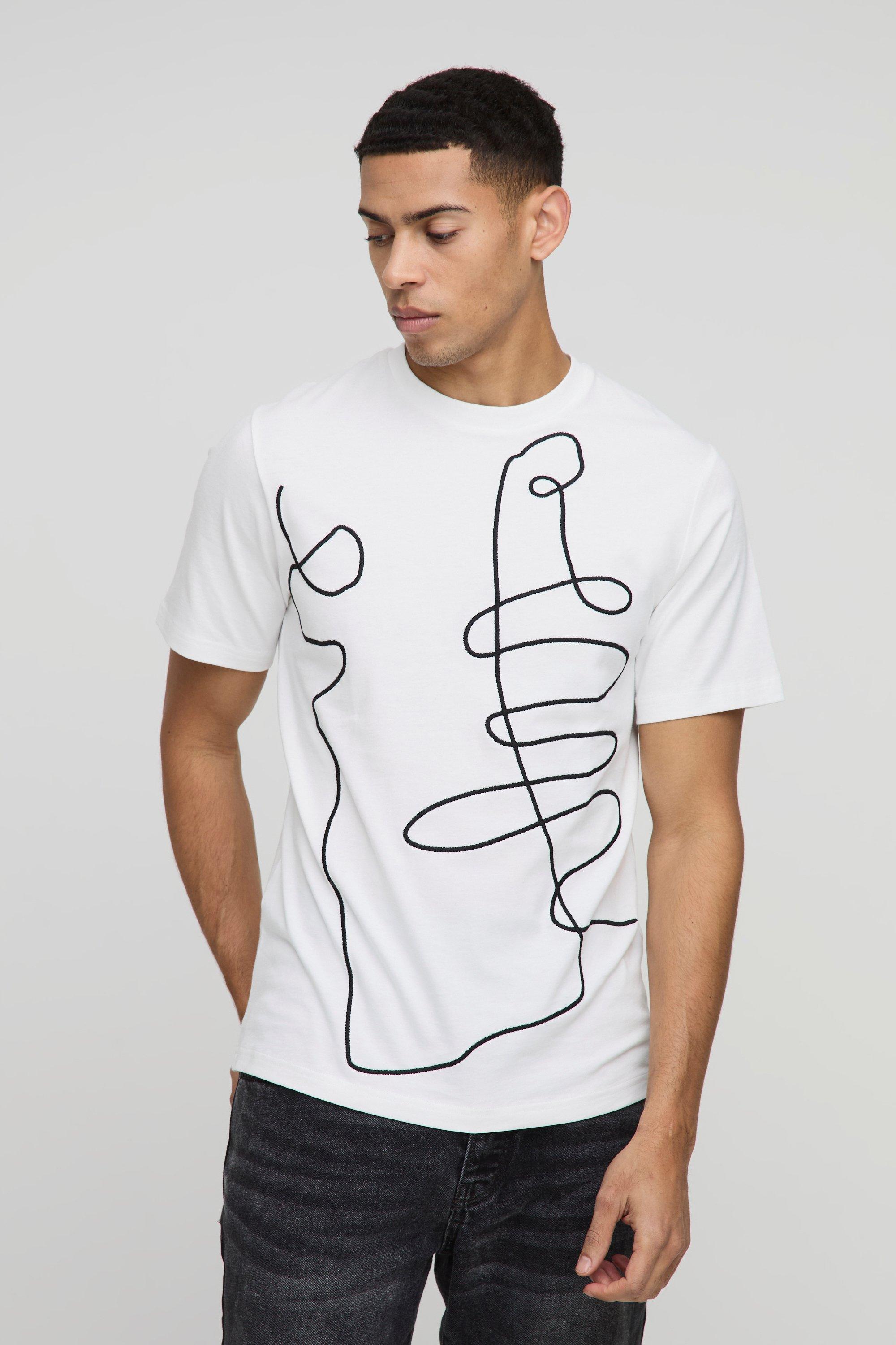 Regular Fit Line Drawing Embroidered Stitch T-Shirt | boohooMAN USA Product Image