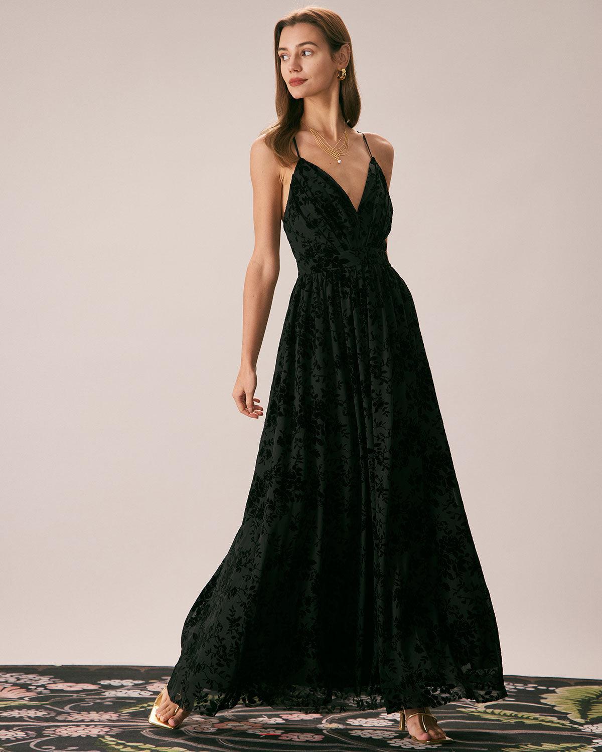 The Black Floral Flocked Mesh Slit Maxi Dress Product Image