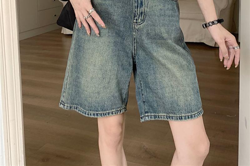 High Waist Washed Wide Leg Denim Shorts Product Image