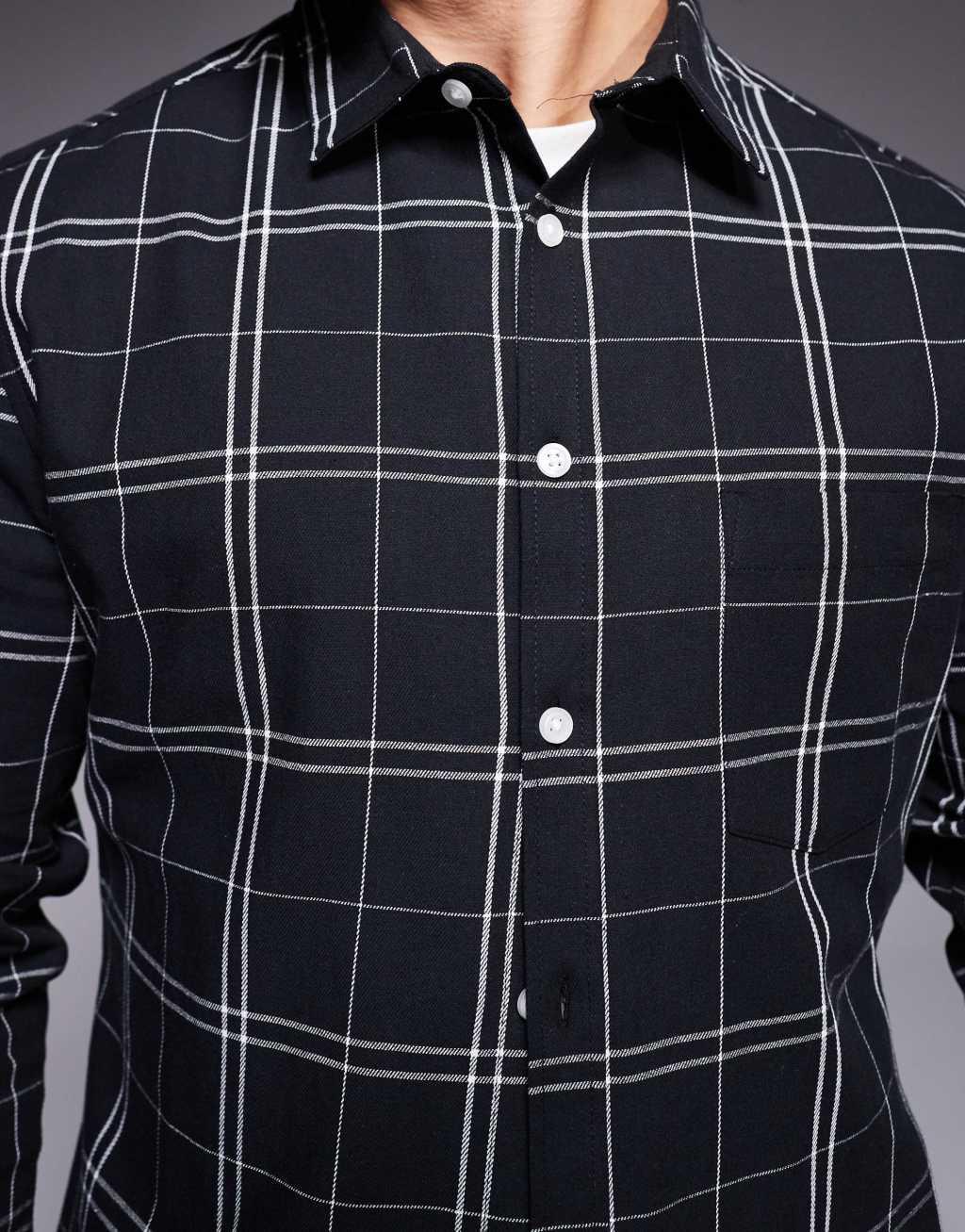 ASOS DESIGN slim stretch shirt with window pane plaid in black Product Image