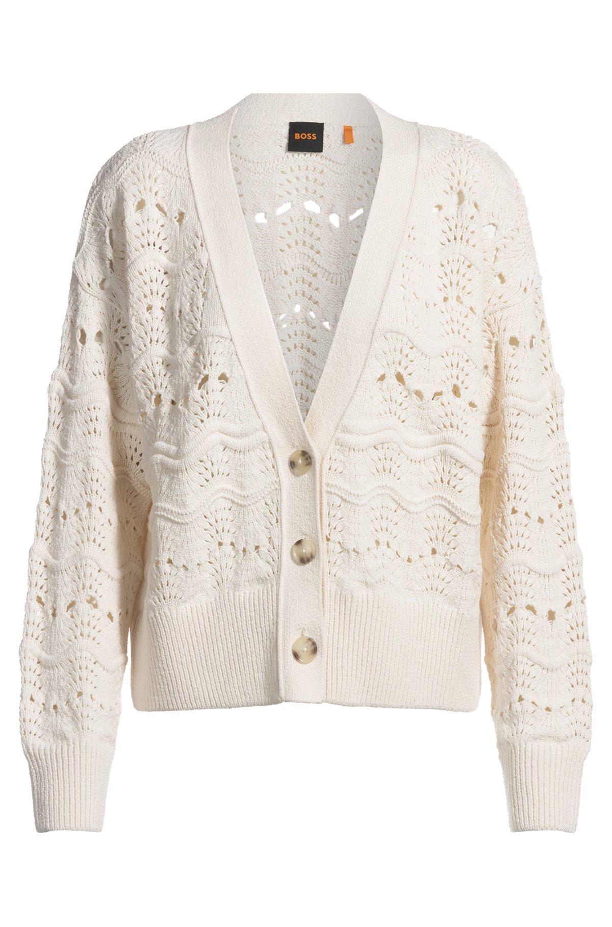 BOSS - Open-knit cardigan in a cotton blend - White Product Image