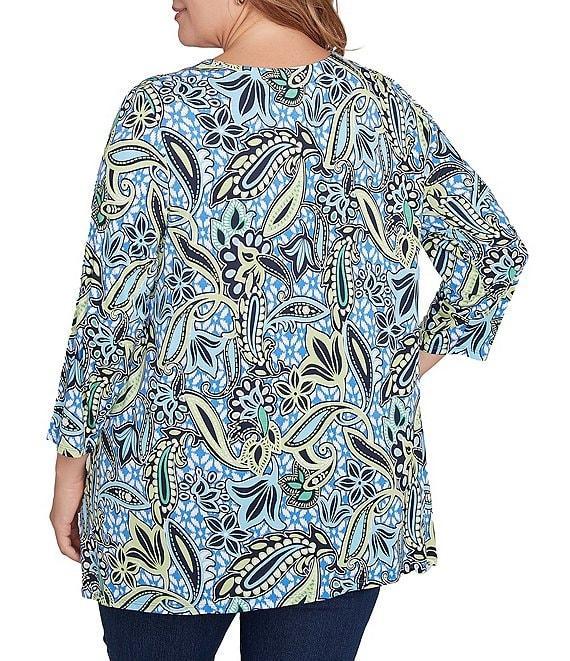 Ruby Rd. Plus Size Balinese Ikat Print Knit Crew Neck Lace Up Front Placket 3/4 Sleeve Top Product Image
