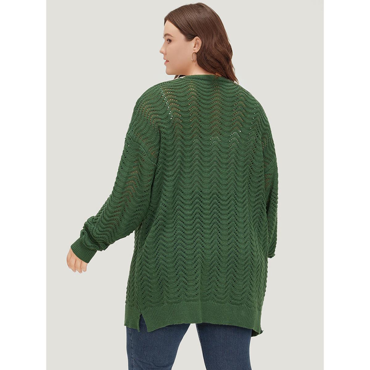 Plus Size Plain Open Front Split Side Cardigan Green Women Casual Loose Long Sleeve Everyday Cardigans BloomChic 26/4X Product Image