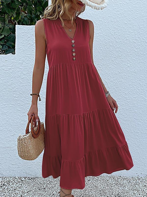 Loose Sleeveless Pleated Split-Joint V-Neck Midi Dresses Product Image