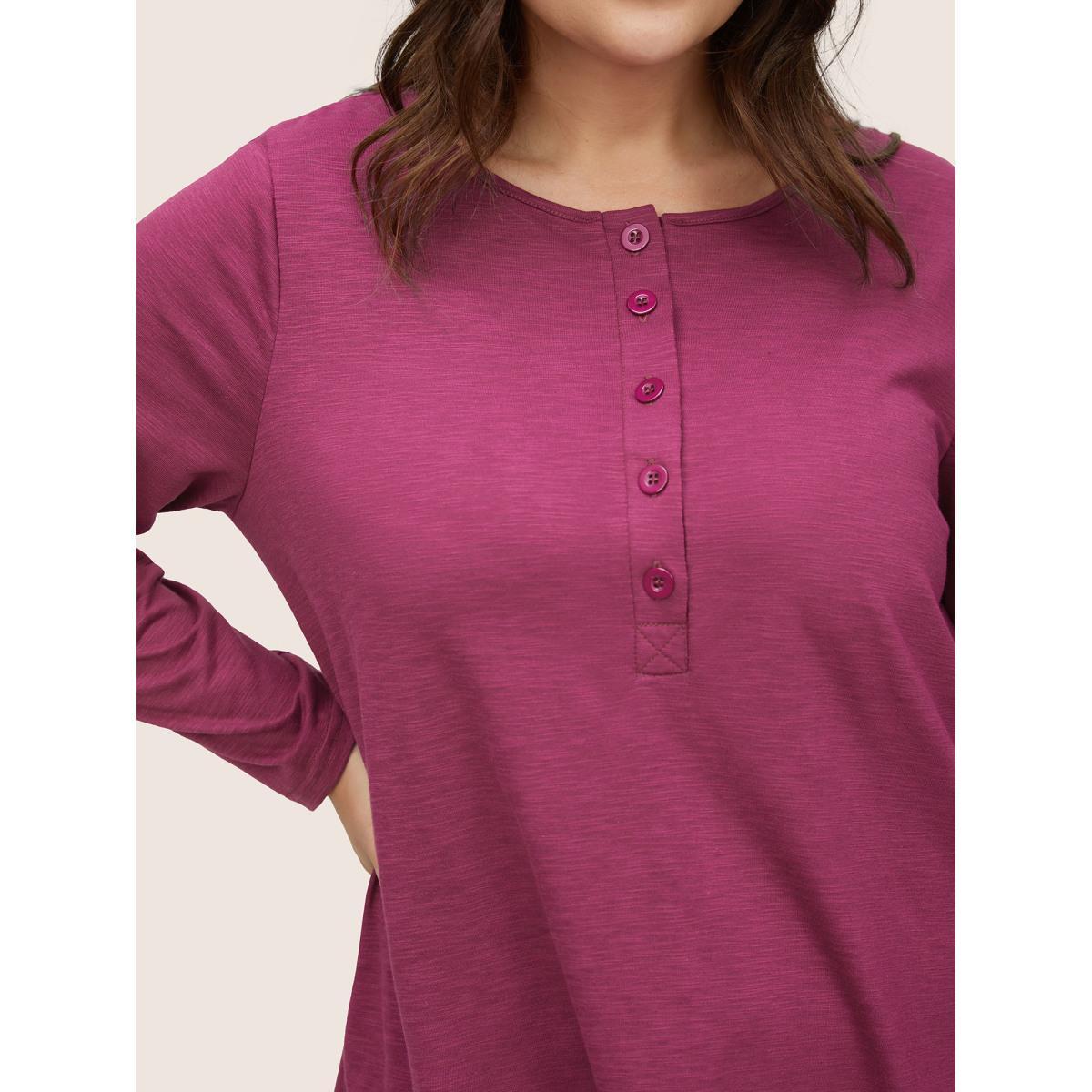 Plus Size Solid Heather Button Up T-shirt RedViolet Women Casual Non Plain Round Neck Everyday T-shirts BloomChic 14-16/1X Product Image