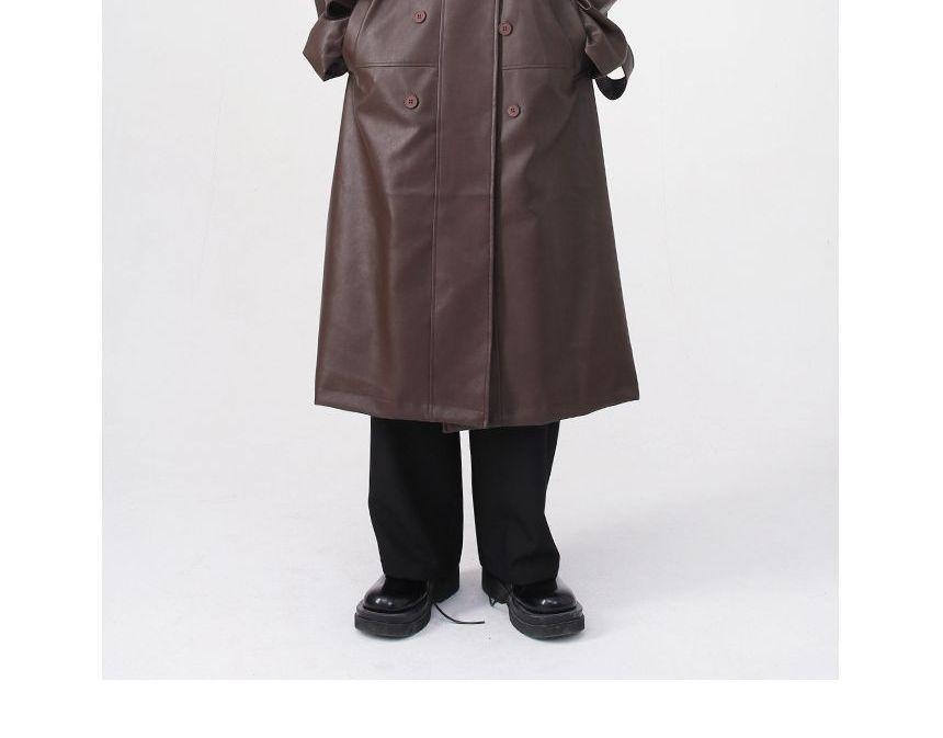Lapel Collared Faux Leather Double Breasted Long Coat Product Image