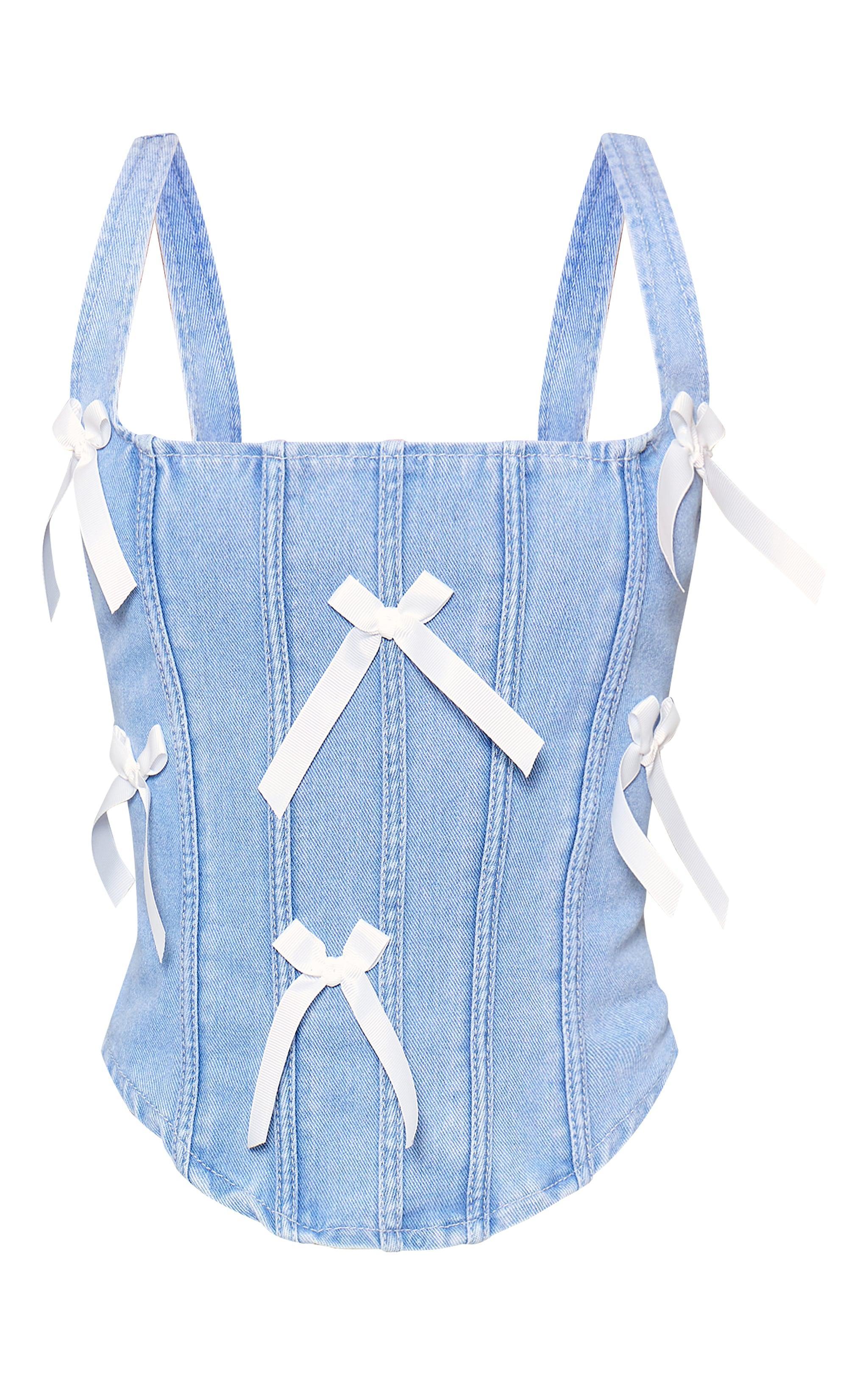 Light Blue Wash Denim Bow Ribbon Applique Corset Product Image