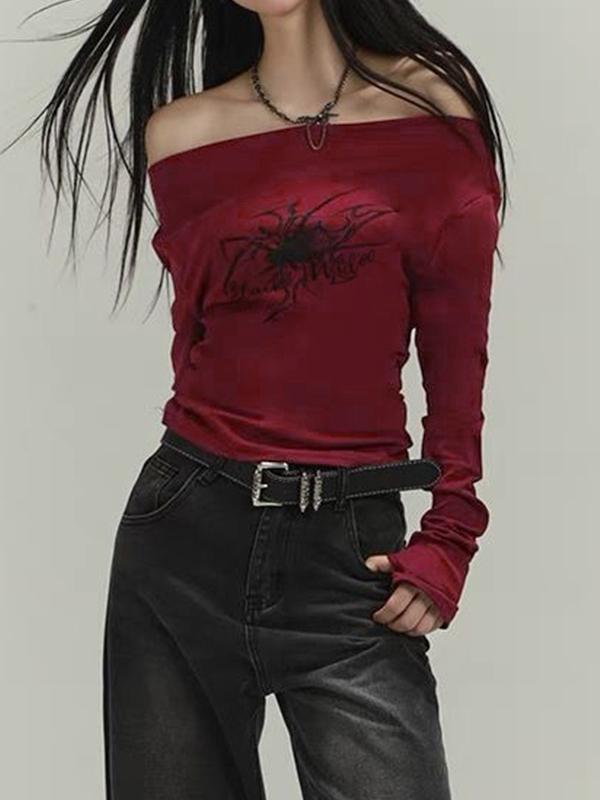 Off Shoulder Graphic Print Slim Long Sleeve Tee Product Image