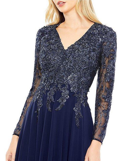 Mac Duggal Embellished Floral Lace V-Neck Illusion Long Sleeve Gown Product Image