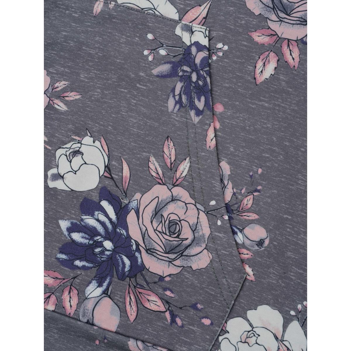 Plus Size Floral Print Zipper Front Hooded Sweatshirt Women DarkGray Casual Contrast Loose Hooded Everyday Sweatshirts BloomChic 26/4X Product Image
