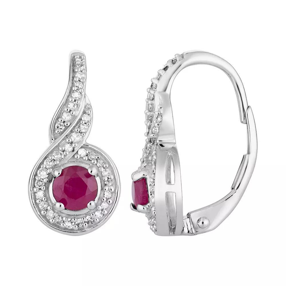 10k White Gold Ruby & 1/5 Carat T.W. Diamond Leverback Earrings, Women's, 10k Whgold Product Image