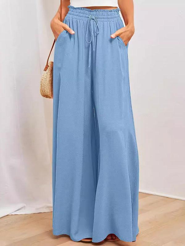 High Waisted Loose Drawstring Elasticity Pockets Solid Color Pants Trousers Product Image