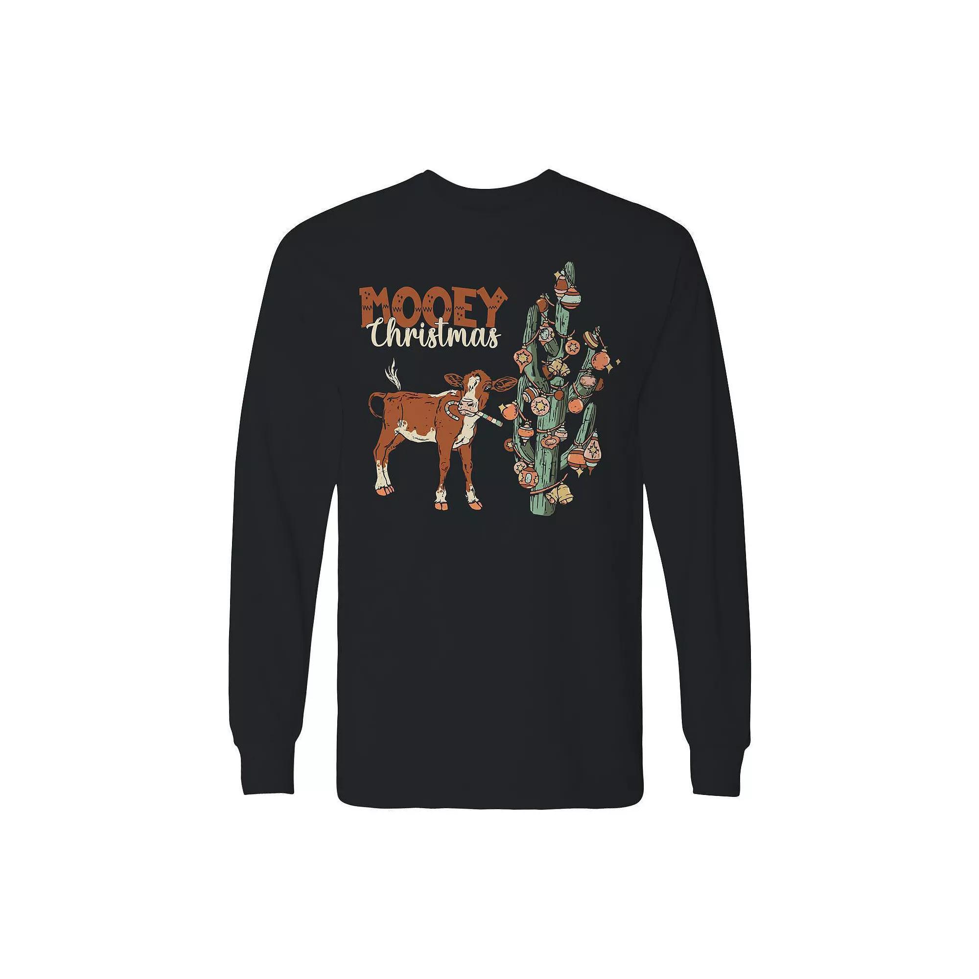 Men's Mooey Cow Christmas Long Sleeve Graphic Tee, Size: XL, Black Product Image