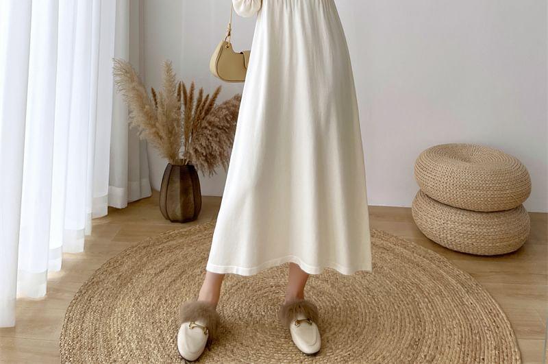 Maternity Long-Sleeve Notch Neck Plain Midi A-Line Knit Dress Product Image