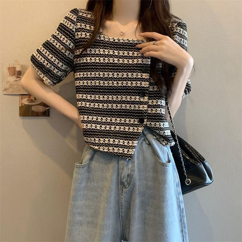 Puff-Sleeve Square Neck Patterned Asymmetrical Blouse Product Image