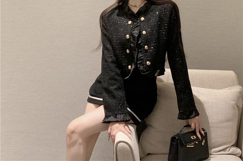 V-Neck Ruffle Trim Tweed Crop Button Jacket Product Image