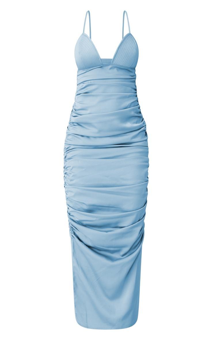 Blue Satin Bust Detail Strappy Ruched Midaxi Dress Product Image