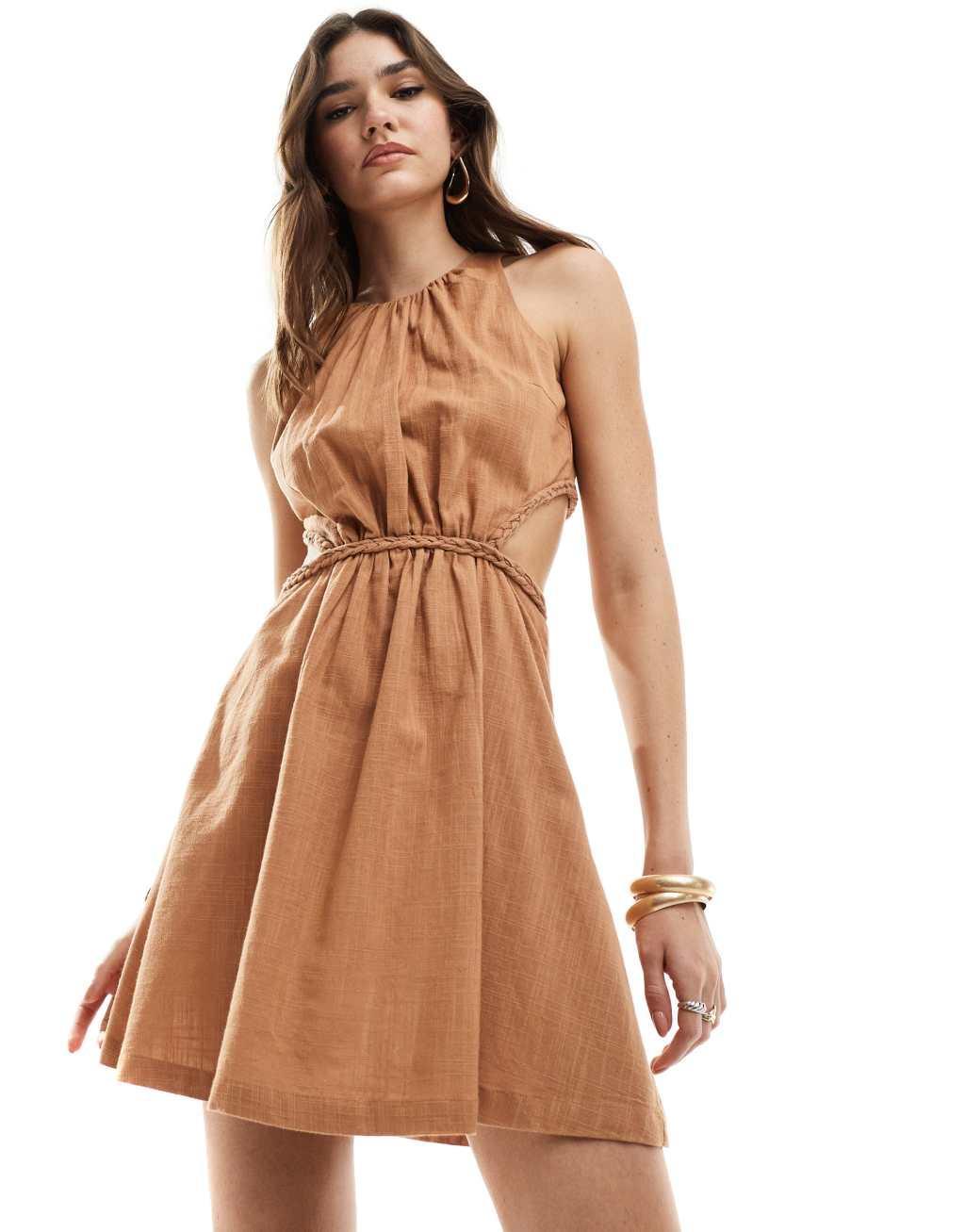 Pretty Lavish cut-out cotton mini dress in biscuit Product Image