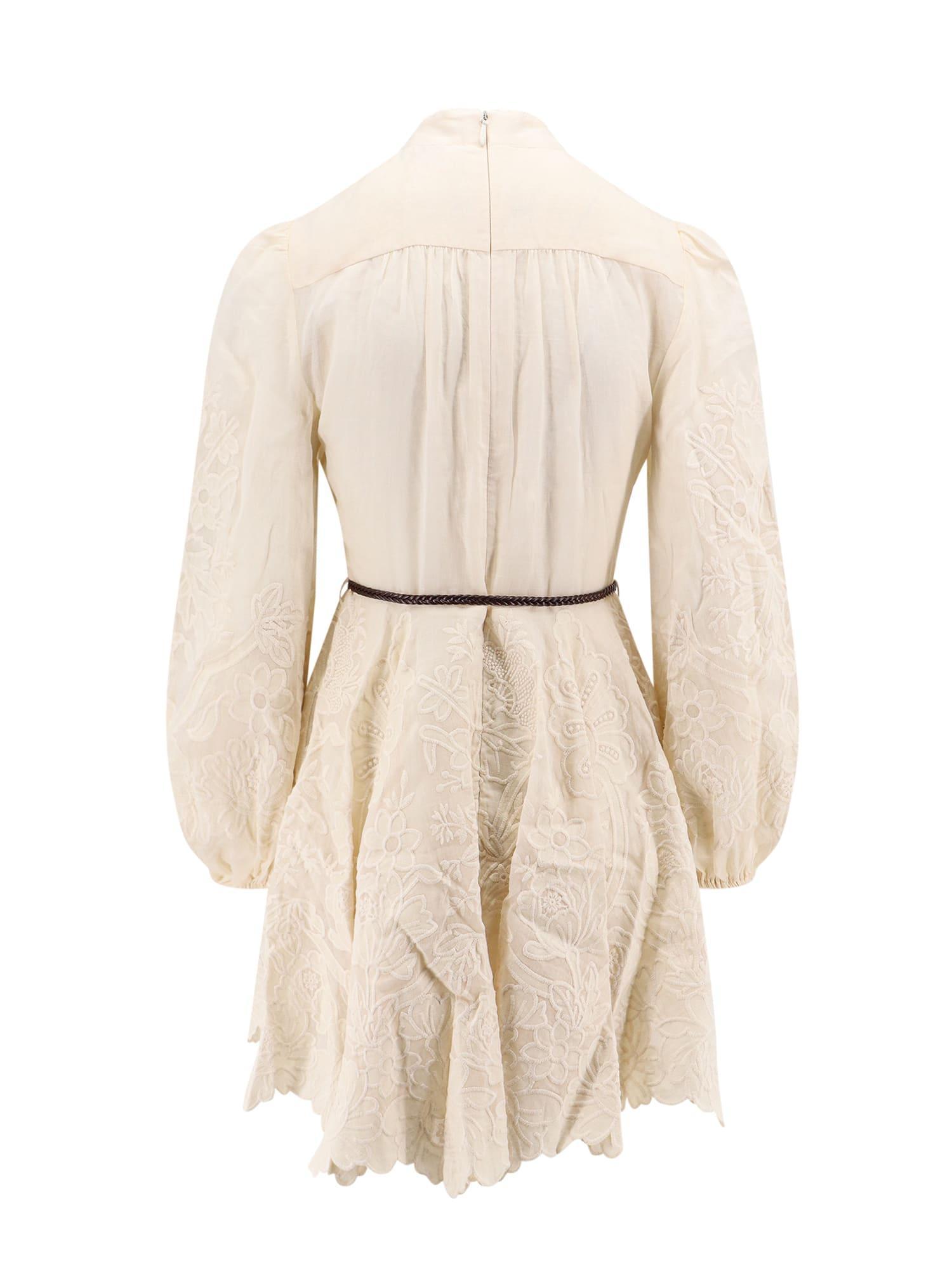 ZIMMERMANN Ottie Belted Braided Leather- And Ramie-trimmed Embroidered Linen Mini Dress In White Product Image