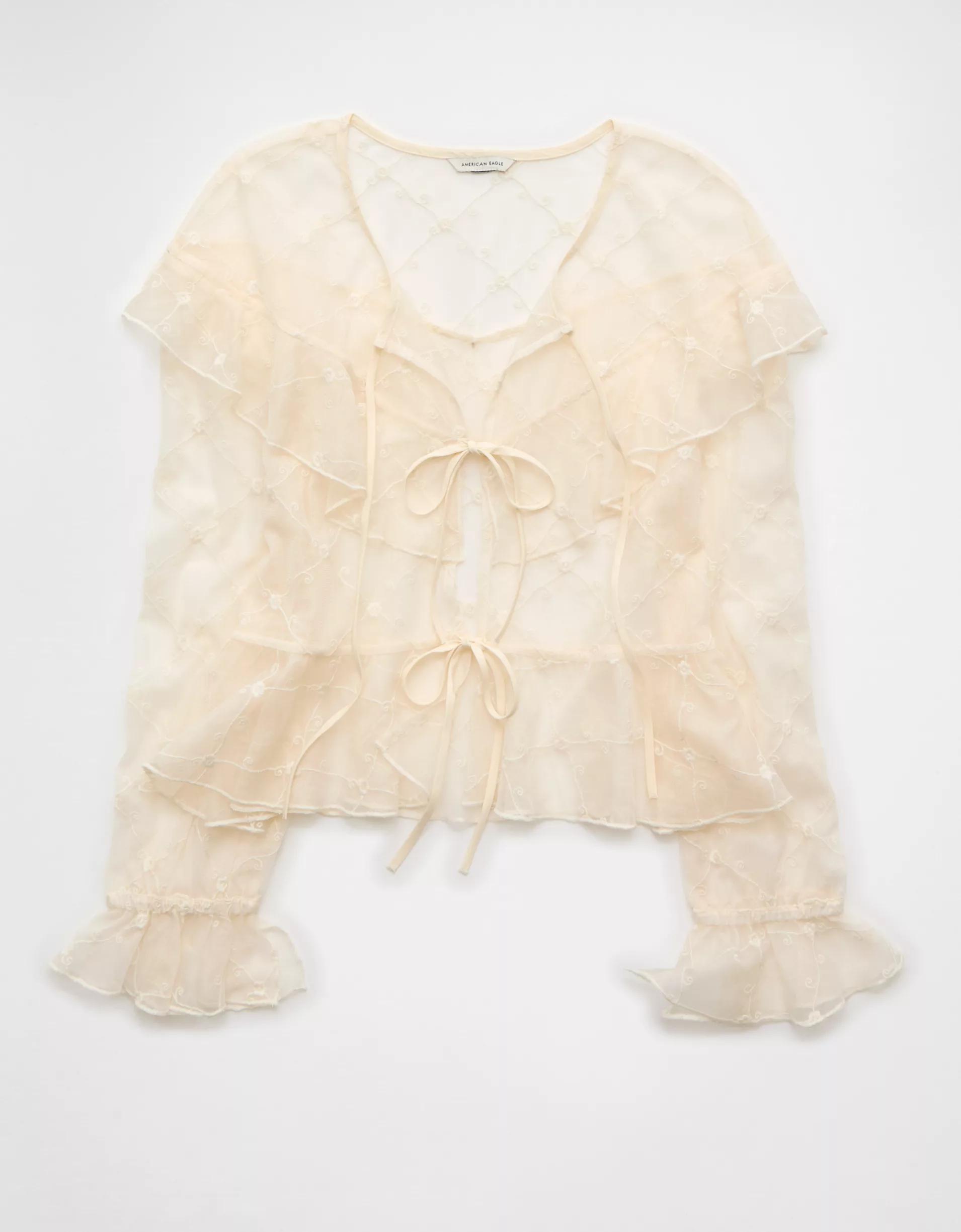 AE Embroidered Tie-Front Mesh Blouse Product Image