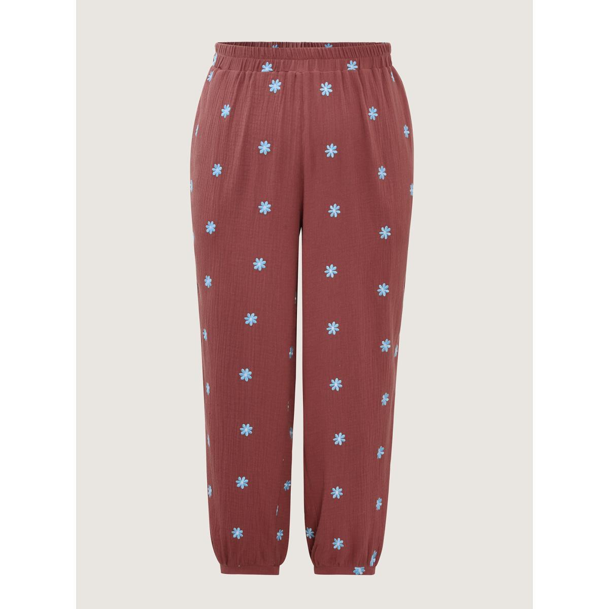 Plus Size Supersoft Floral Embroidered Pants Women Rust Playful Jogger Mid Rise Casual Pants BloomChic 26/4X Product Image