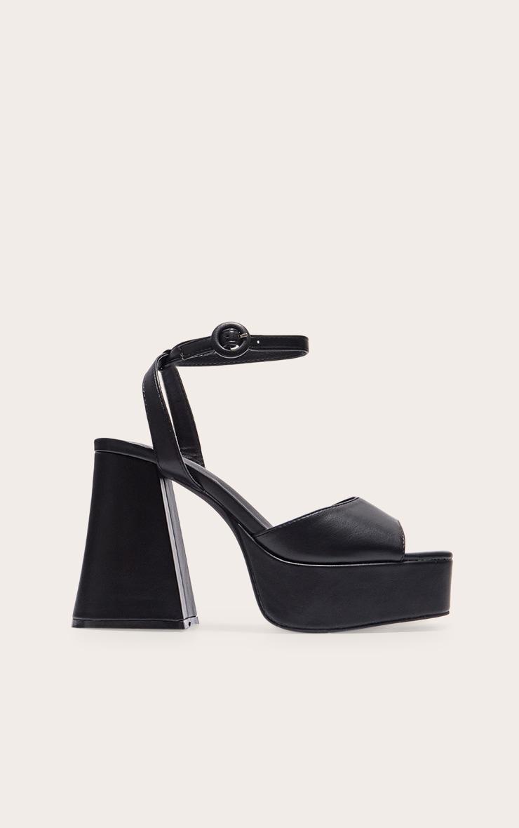 Black PU Strap Detail Flare Platform Heeled Sandals Product Image