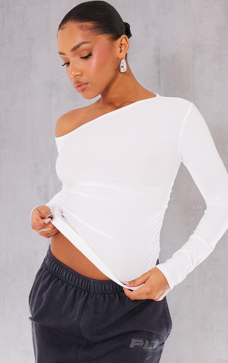  White Soft Touch Jersey Ruche Side Long Top Product Image