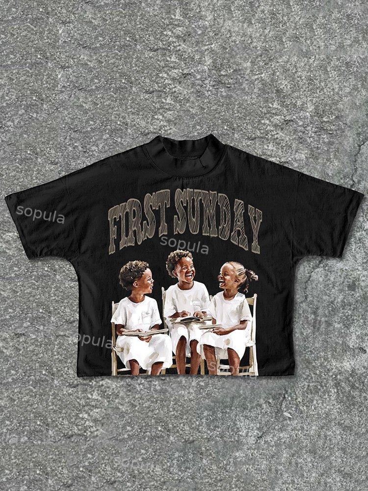Sopula Retro First Sunday Faith Graphic Print Cropped T-Shirts Product Image