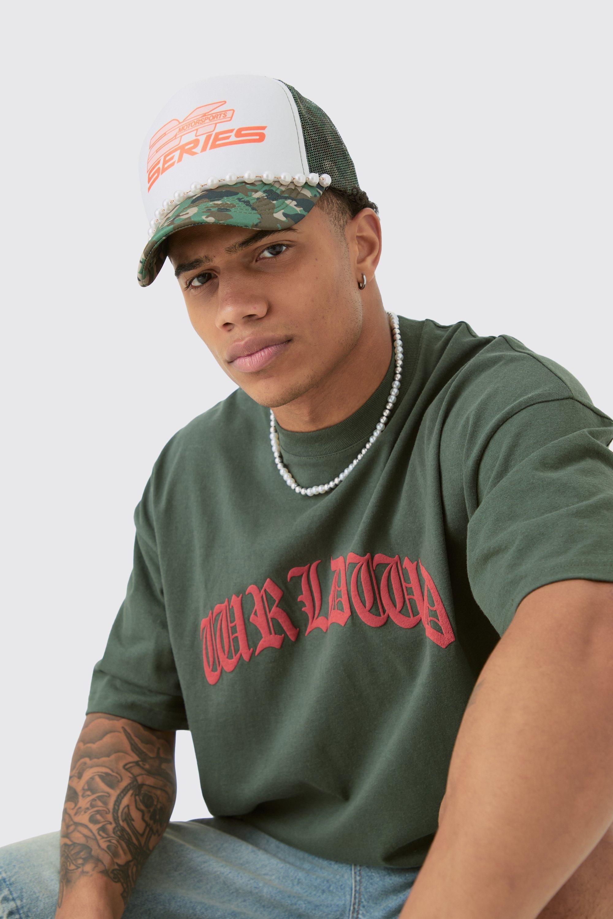 Mens Green Slogan Foam Front Trucker Camo Cap with Pearl Detail In Khaki, Green Product Image