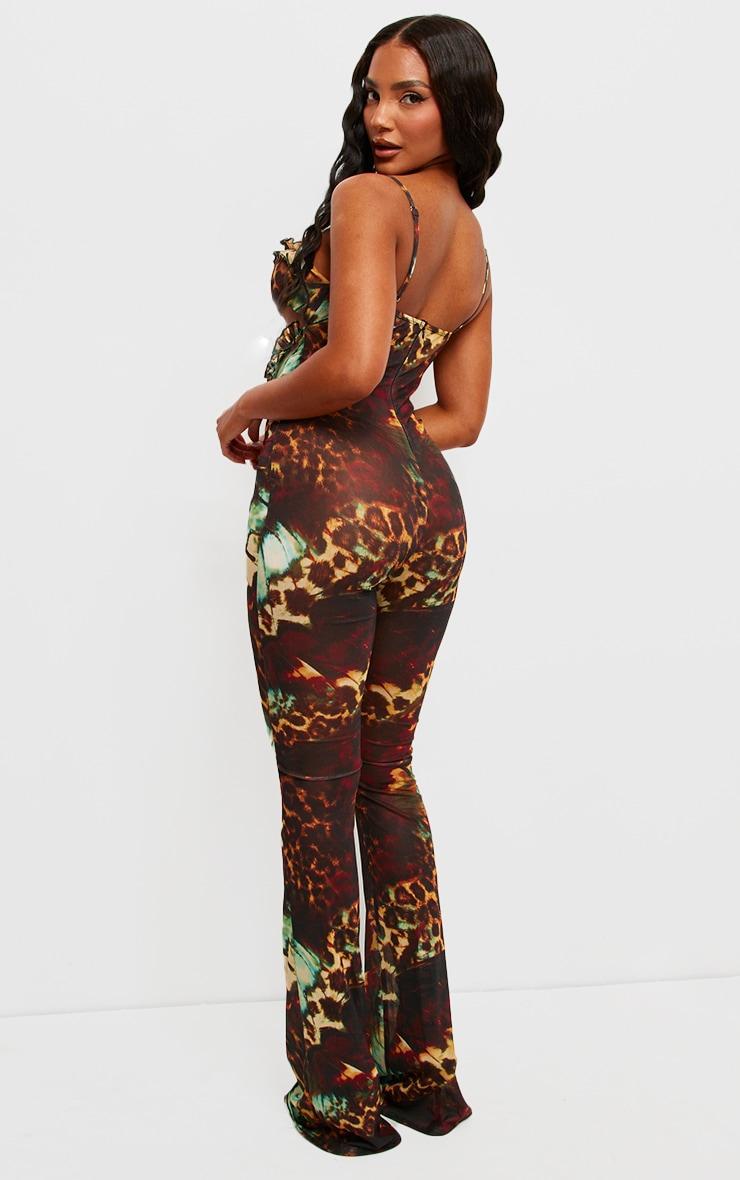 Brown Printed Mesh Cup Detail Cut Out Jumpsuit Product Image