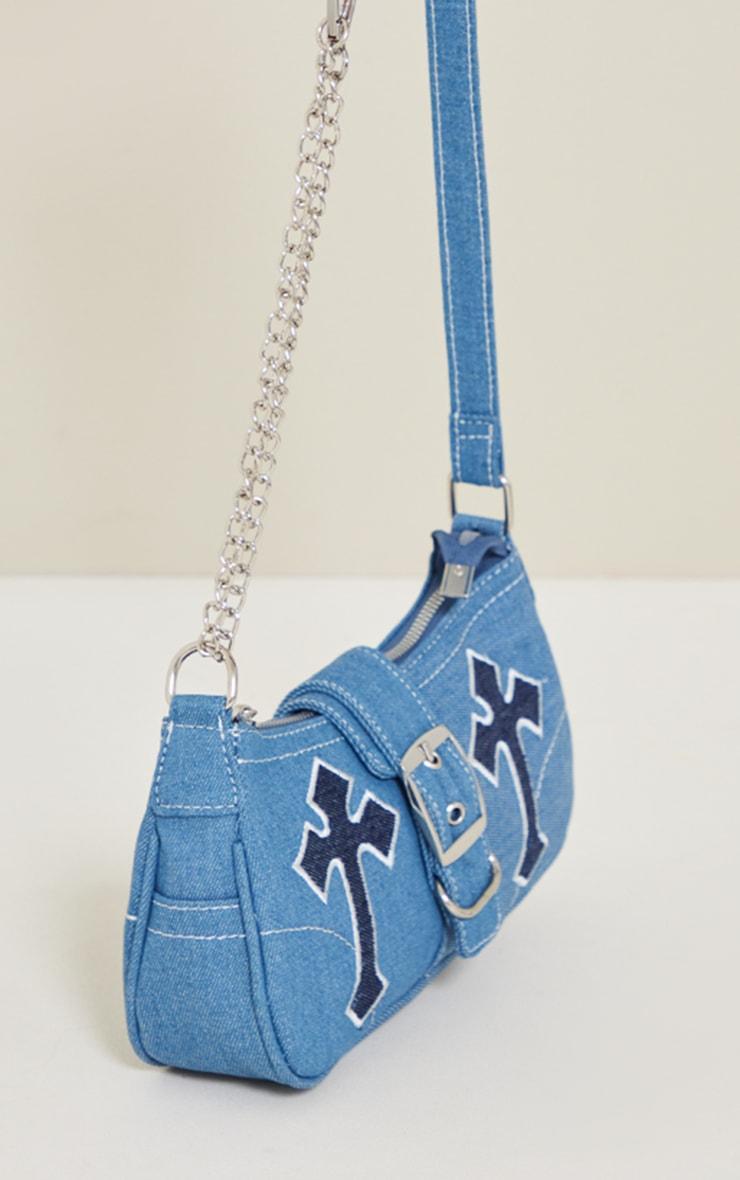 Denim Contrast Stitch Cross Applique Buckle Shoulder Bag Product Image